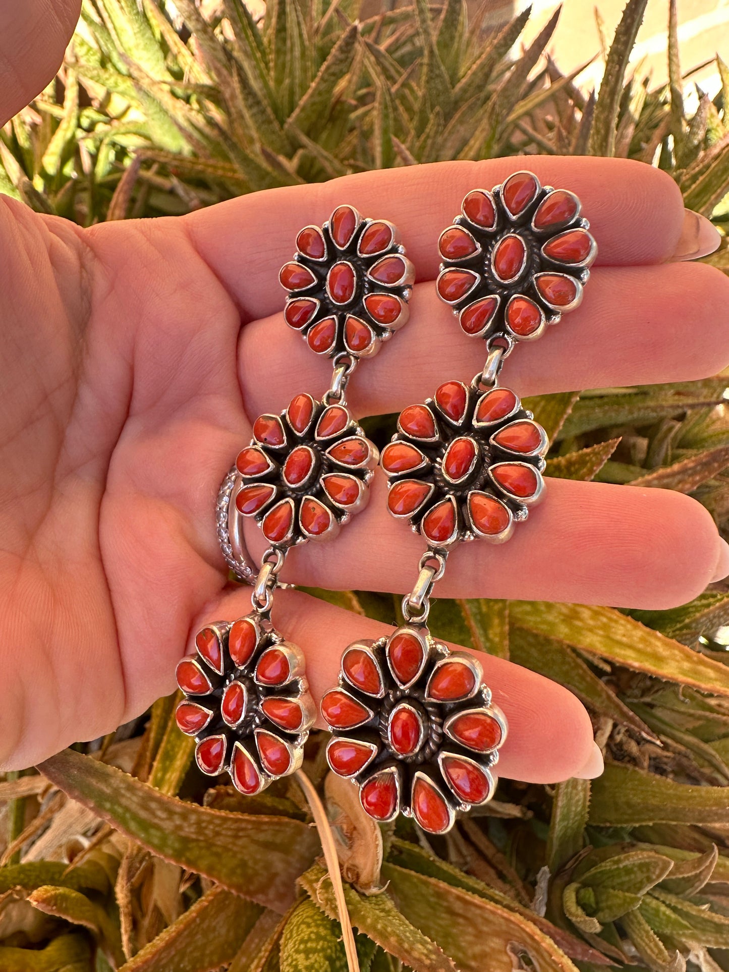 Handmade Sterling Silver & Coral Cluster Flower Post Dangle Earrings Signed Nizhoni