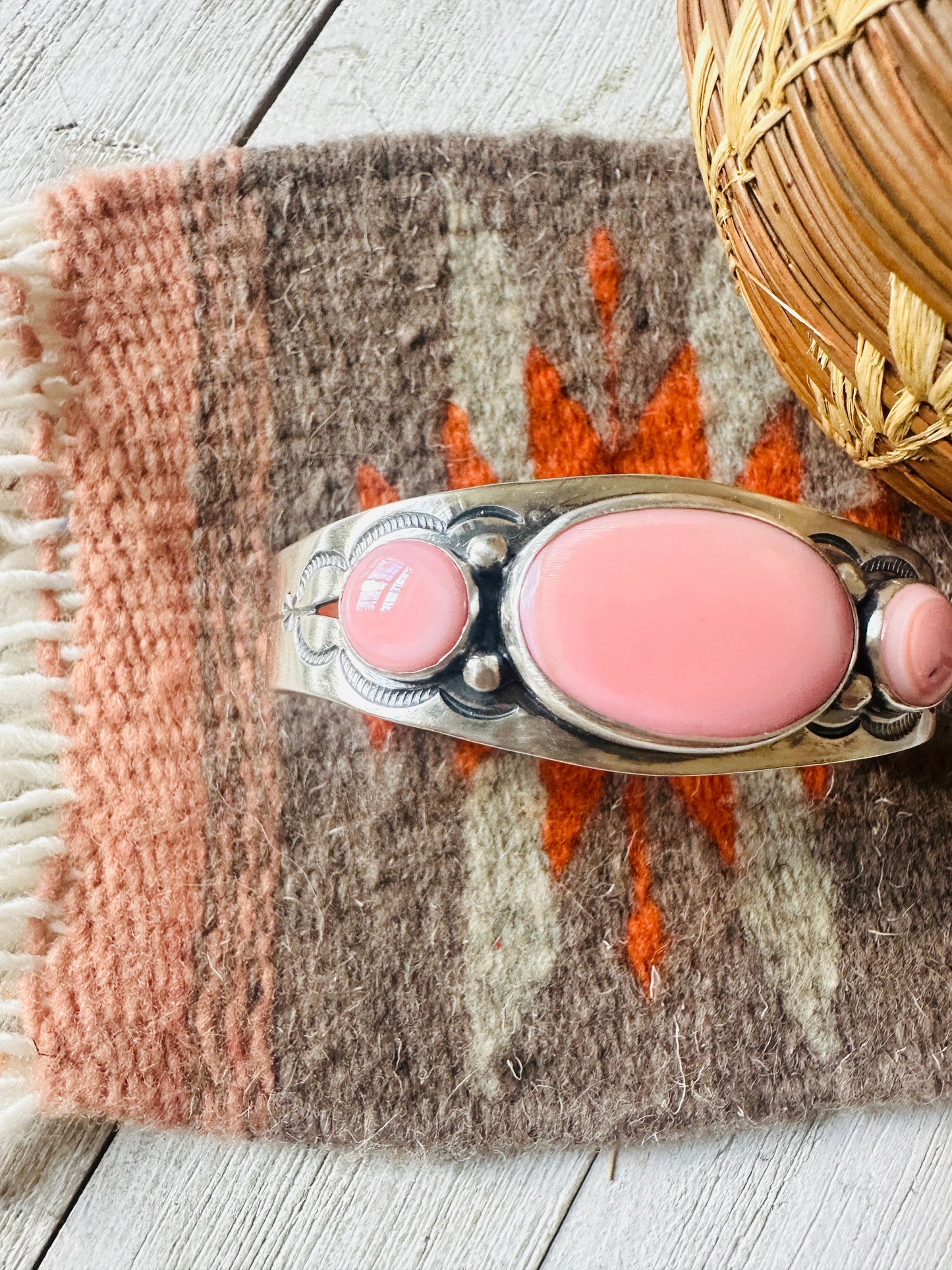 Navajo Queen Pink Conch Shell & Sterling Silver 3-Stone Cuff Bracelet