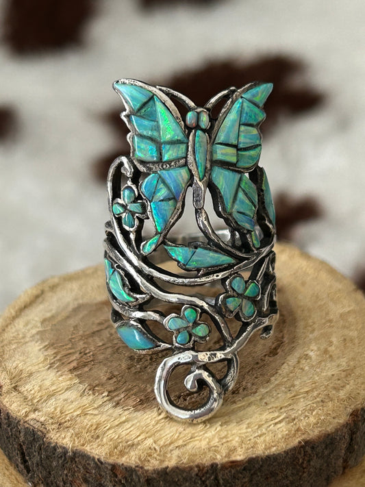 Sterling Silver Butterfly and Floral Ring with Opal Inlay