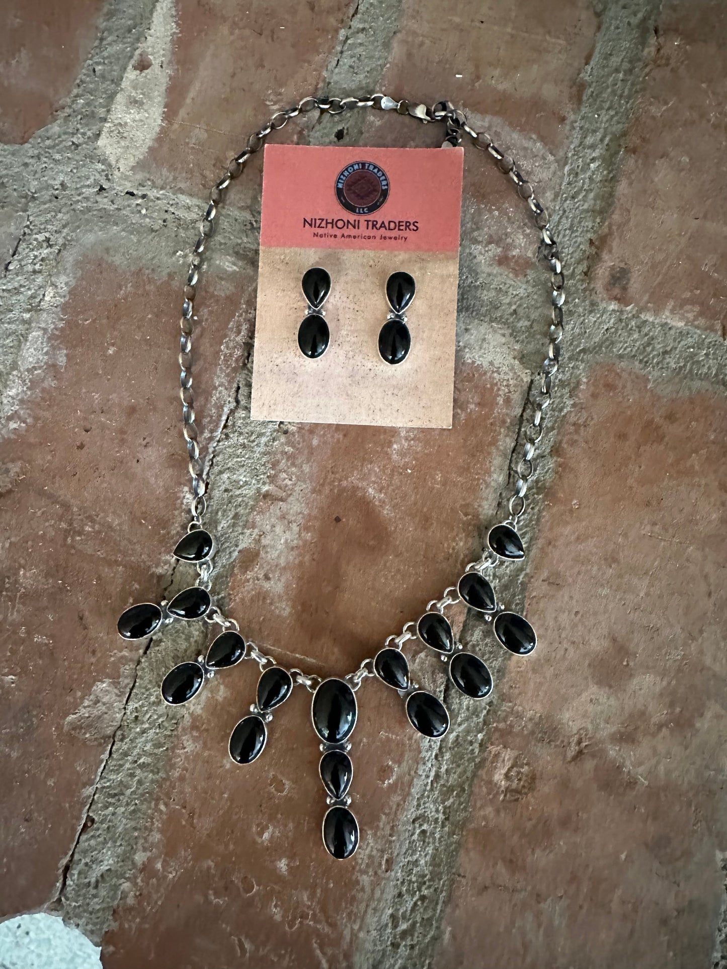 Navajo Sterling Silver & Black Onyx Necklace & Earring Set Signed