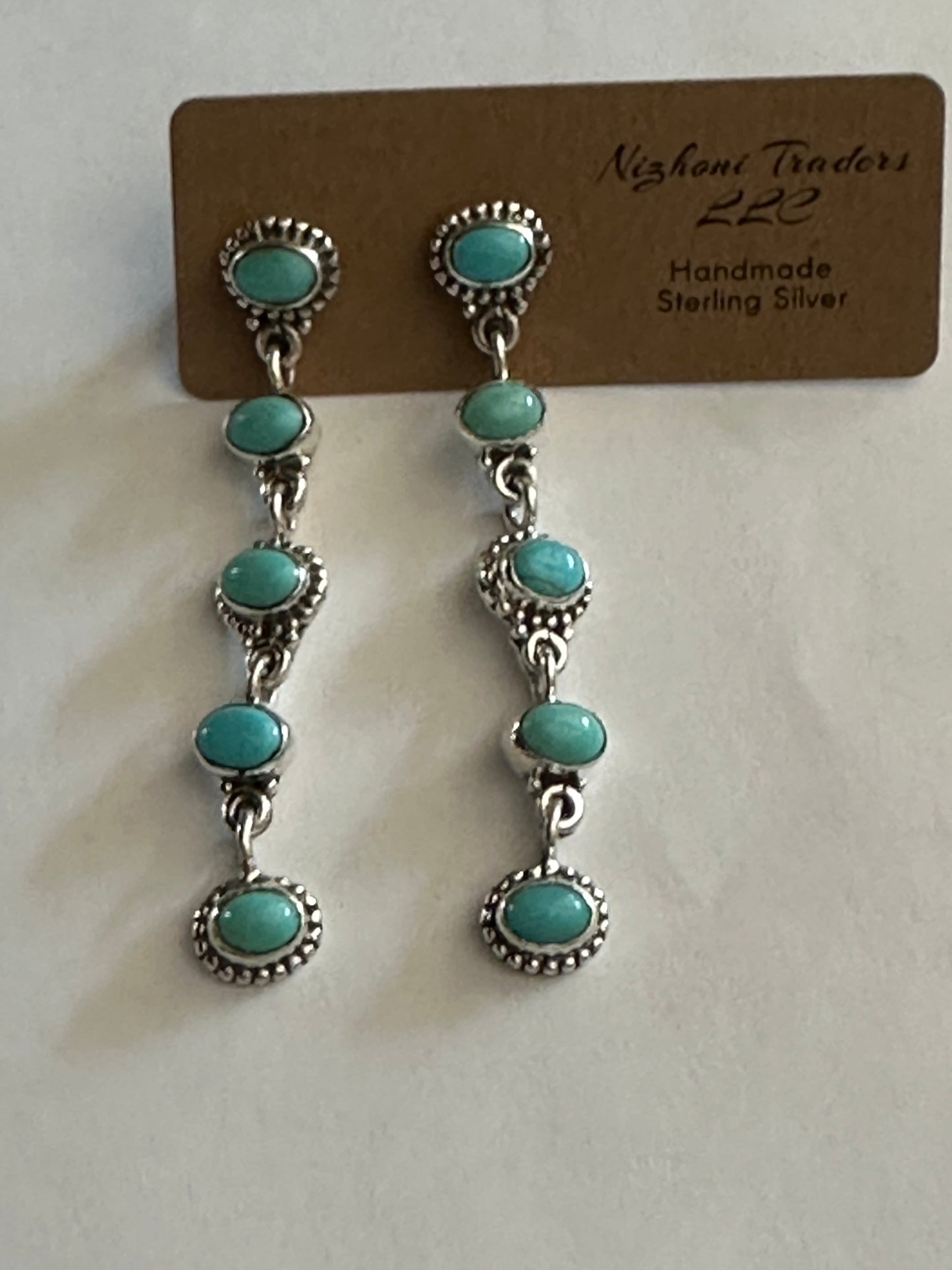 Handmade Kingman Turquoise And Sterling Silver 5 Stone Dangle Earrings