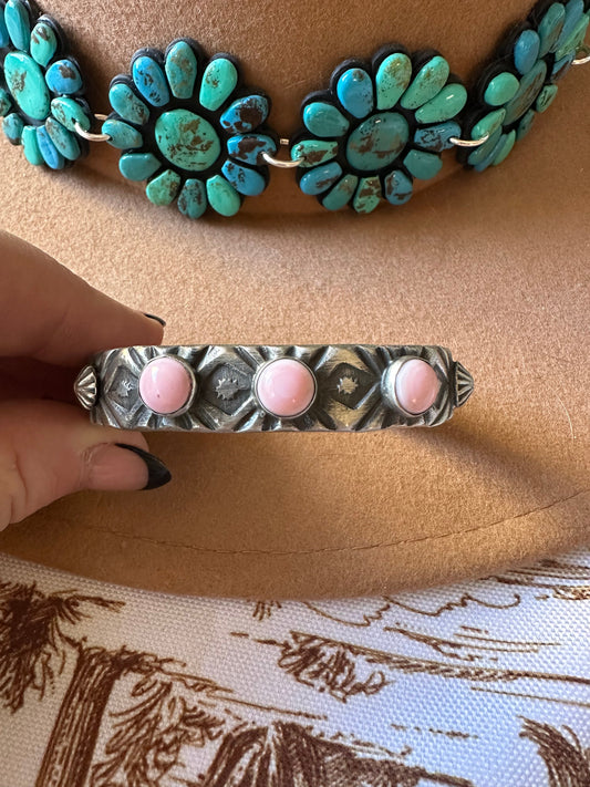 Navajo 3 Stone Queen Pink Conch Shell & Sterling Silver Cuff Bracelet by Chimney Butte