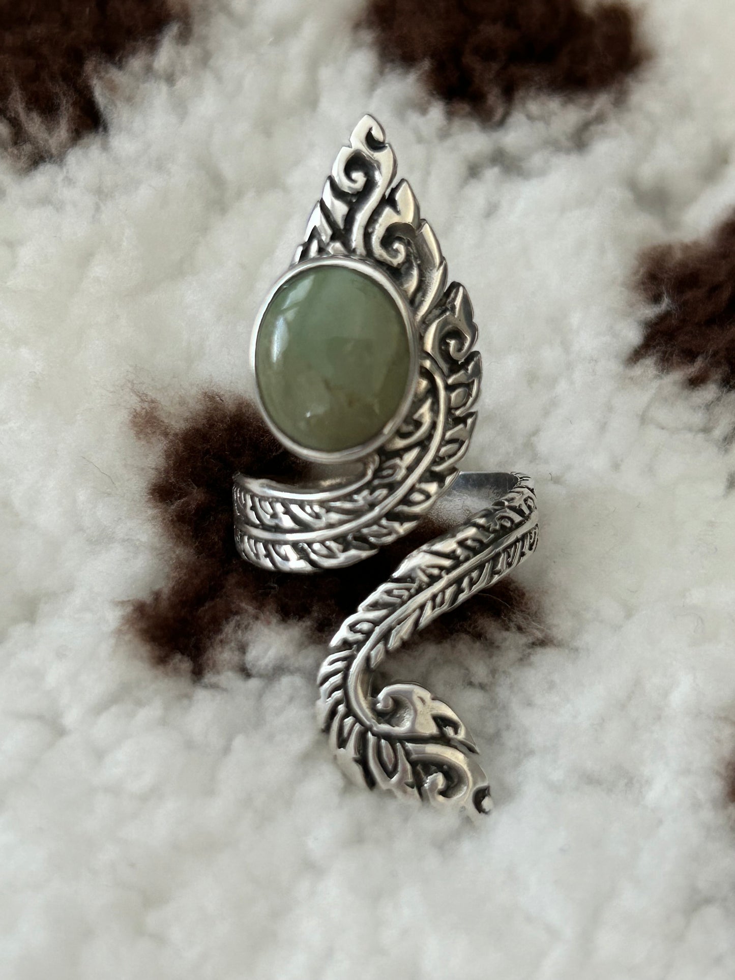 Sterling Silver Feather Wrap Ring with Green turquoise Gemstone