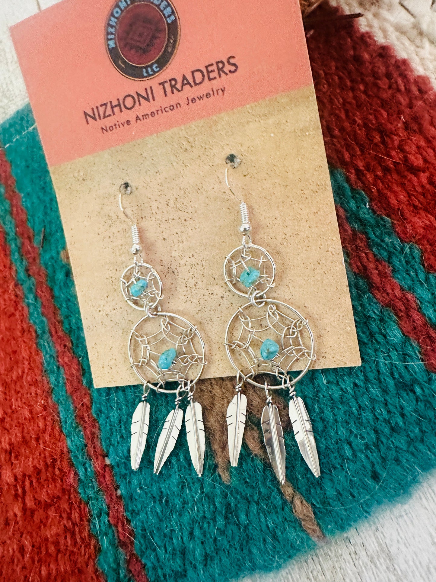 Navajo Sterling Silver & Turquoise Dream Catcher Dangle Earrings