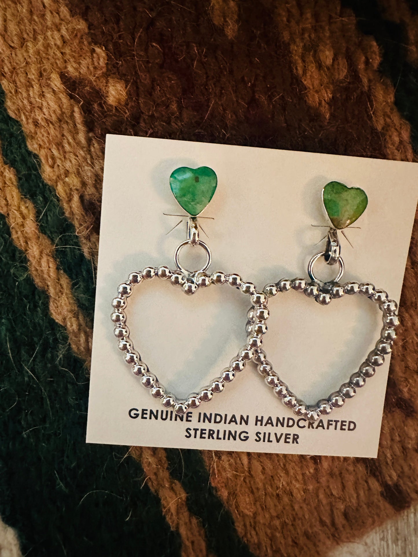 Navajo Sonoran Gold Turquoise & Sterling Silver Heart Dangle Earrings