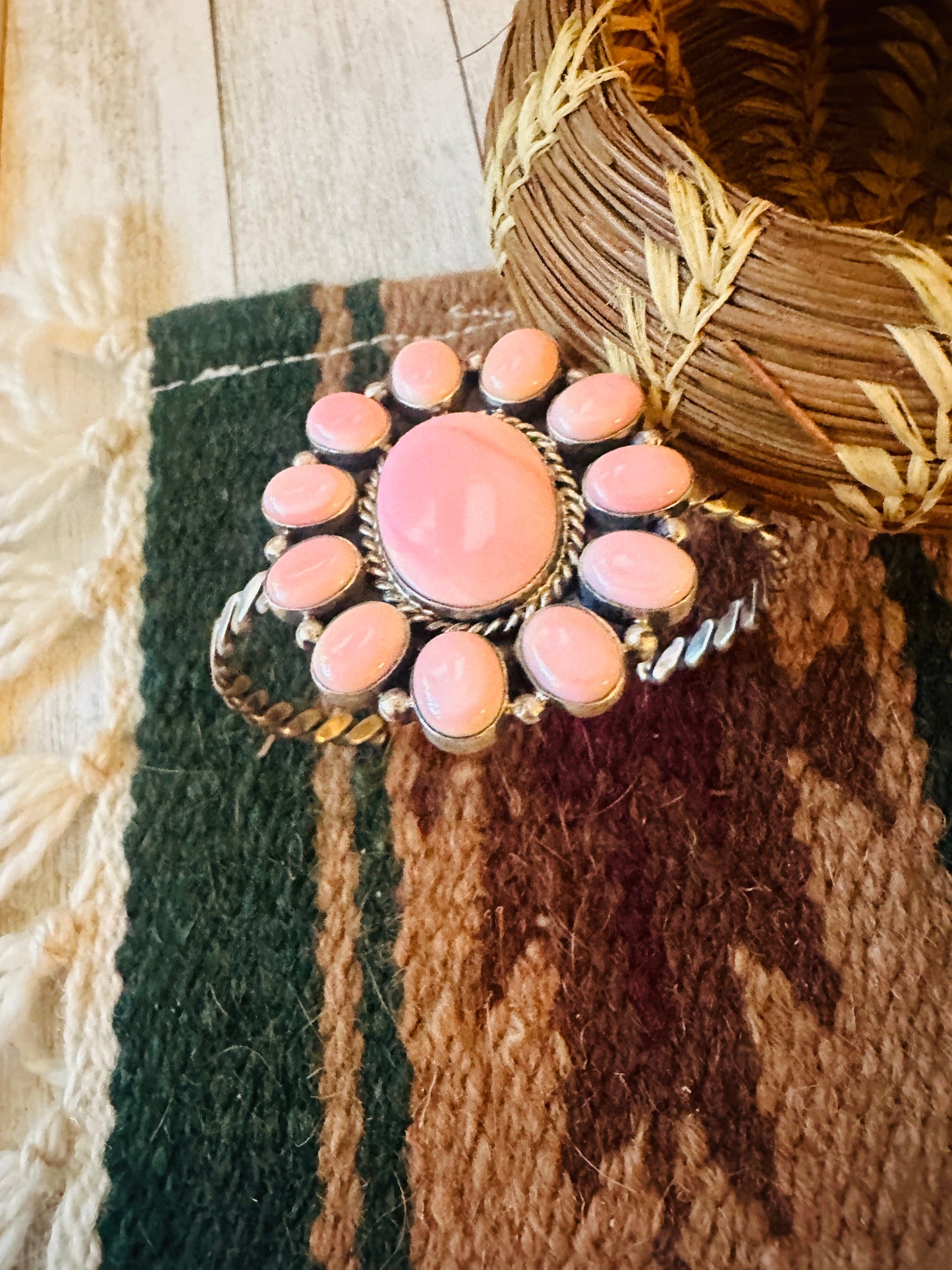 Navajo Queen Pink Conch Shell & Sterling Silver Cluster Cuff Bracelet