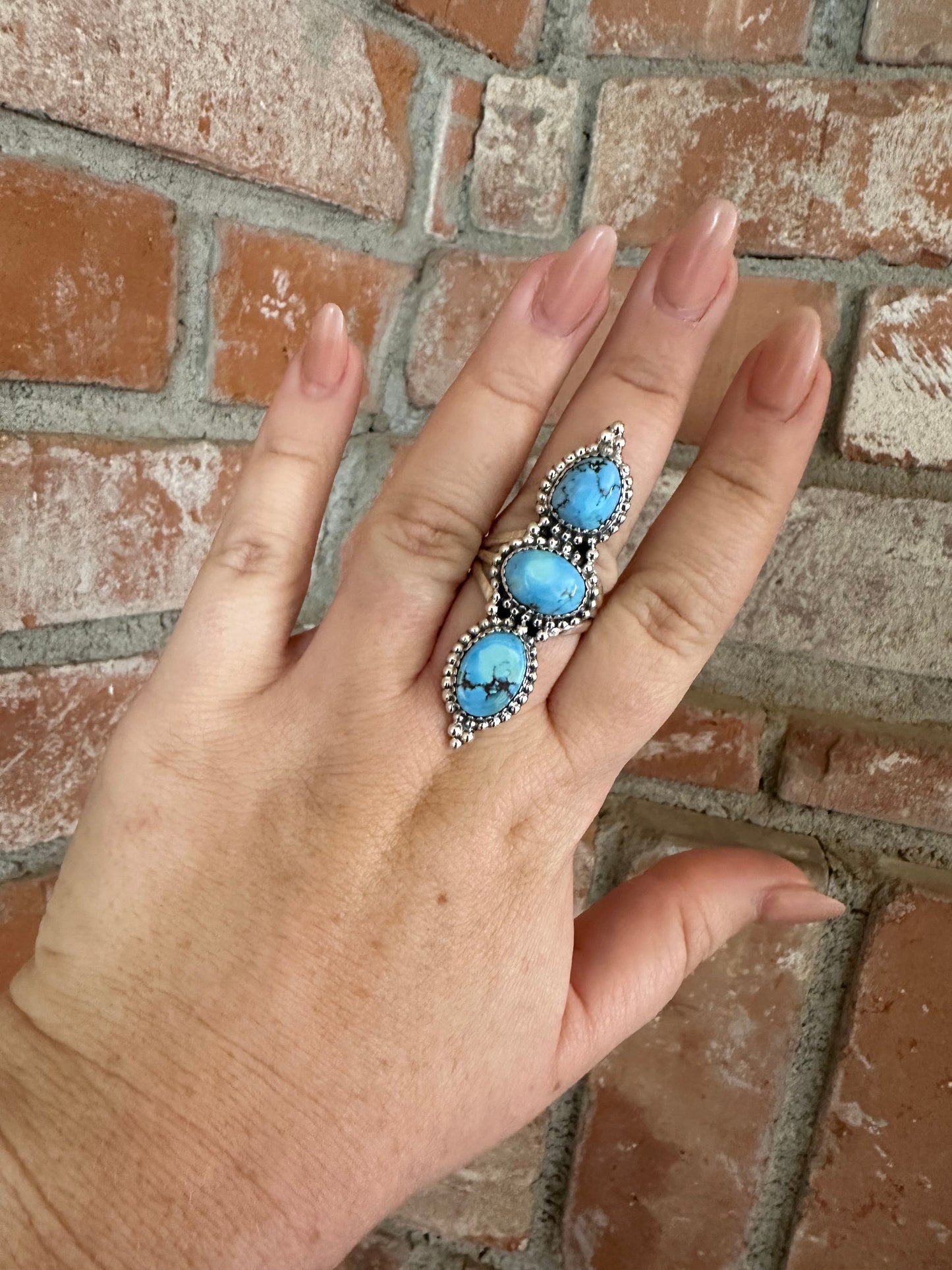 Nizhoni Handmade Golden Hills Turquoise & Sterling Silver 3 Stone Ring