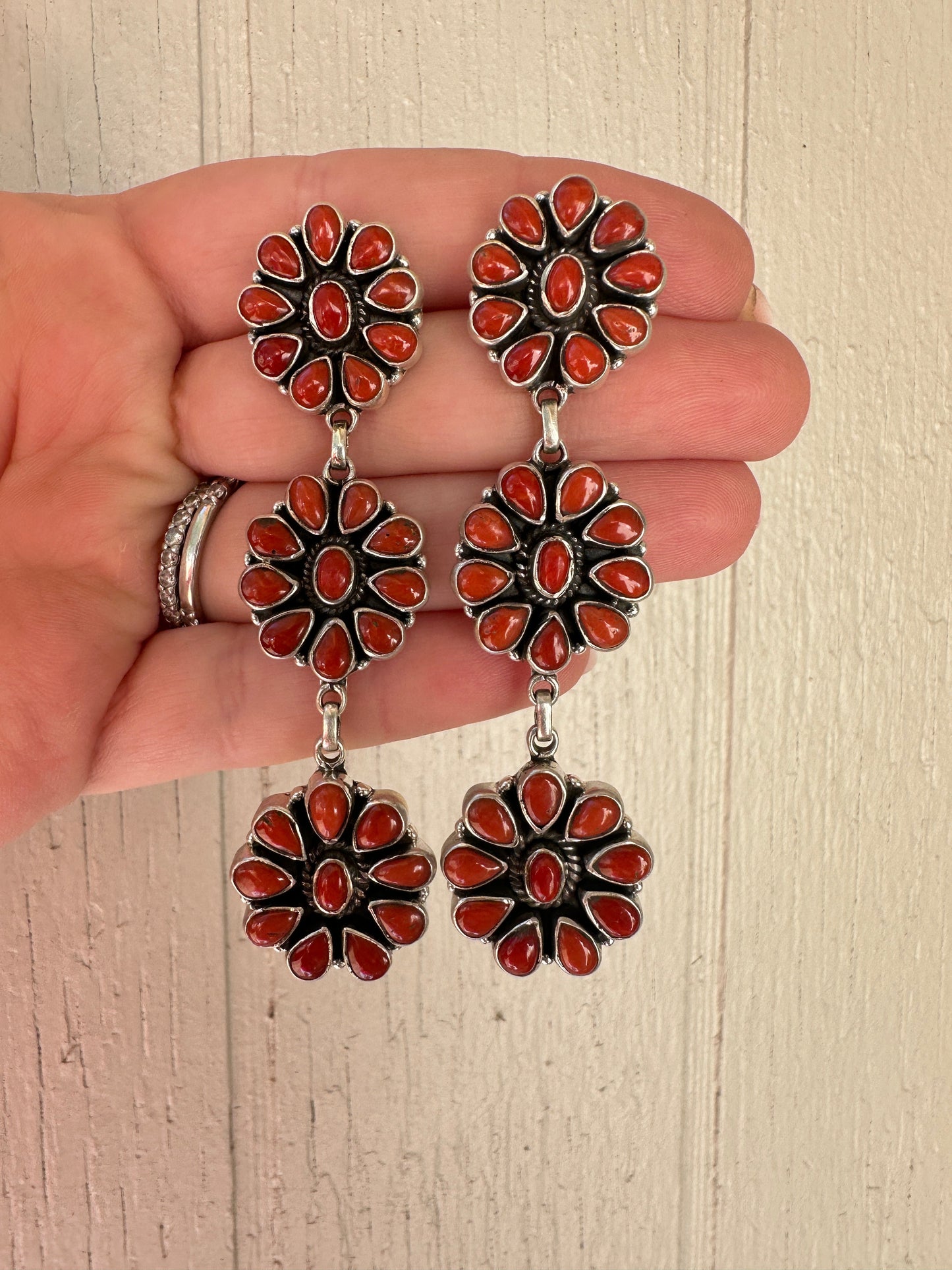 Handmade Sterling Silver & Coral Cluster Flower Post Dangle Earrings Signed Nizhoni