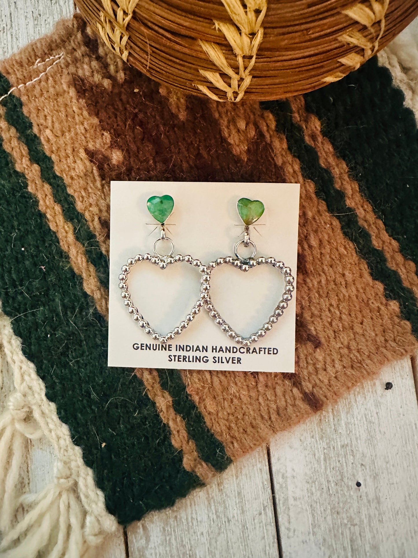 Navajo Sonoran Gold Turquoise & Sterling Silver Heart Dangle Earrings