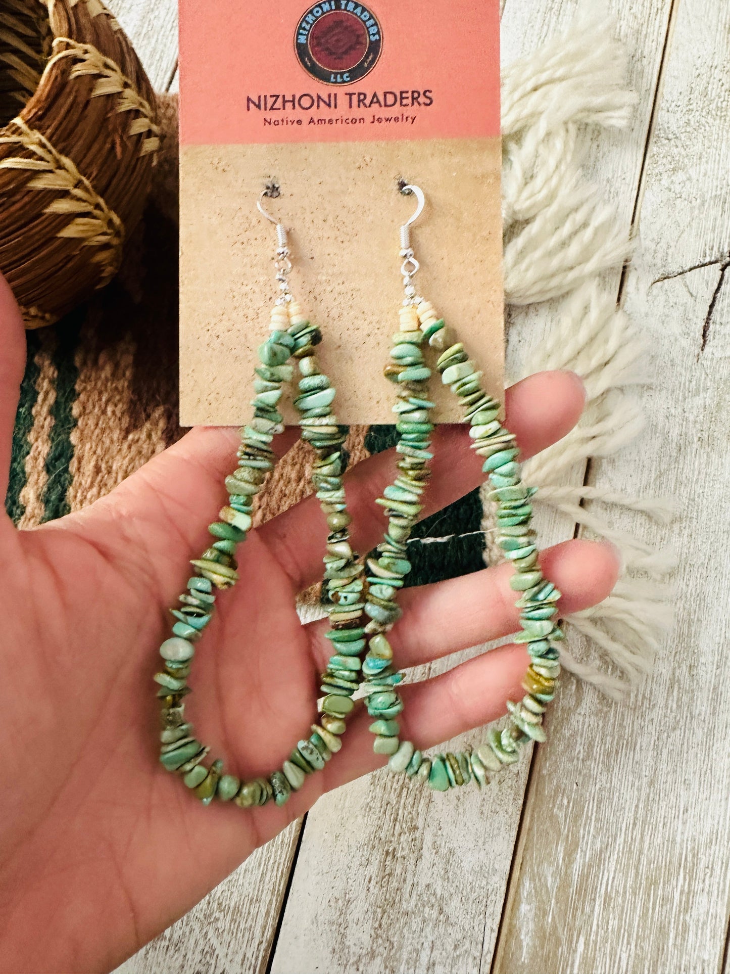 Navajo Turquoise Beaded Dangle Hoop Earrings