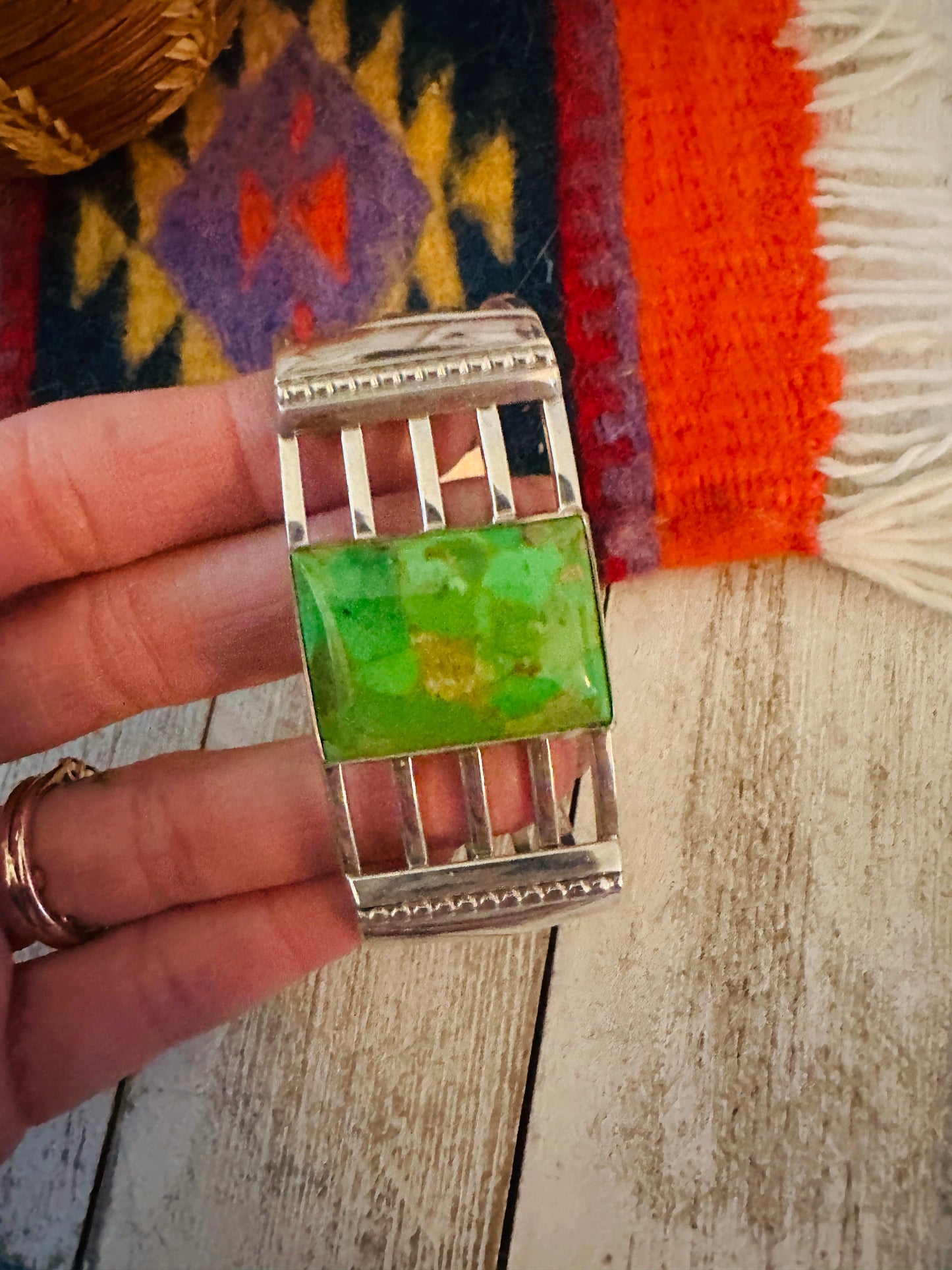 Navajo Gaspeite & Sterling Silver Cuff Bracelet