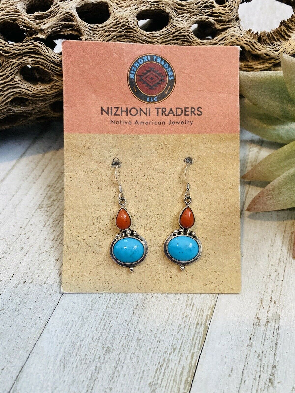 Navajo Turquoise, Coral & Sterling Silver Dangle Earrings