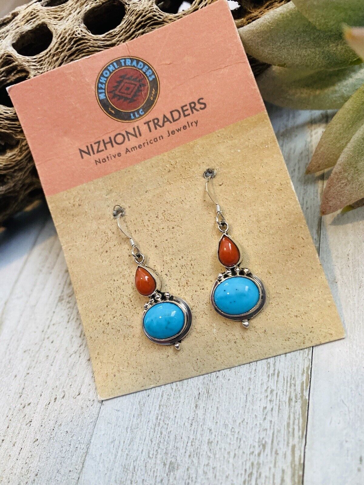 Navajo Turquoise, Coral & Sterling Silver Dangle Earrings