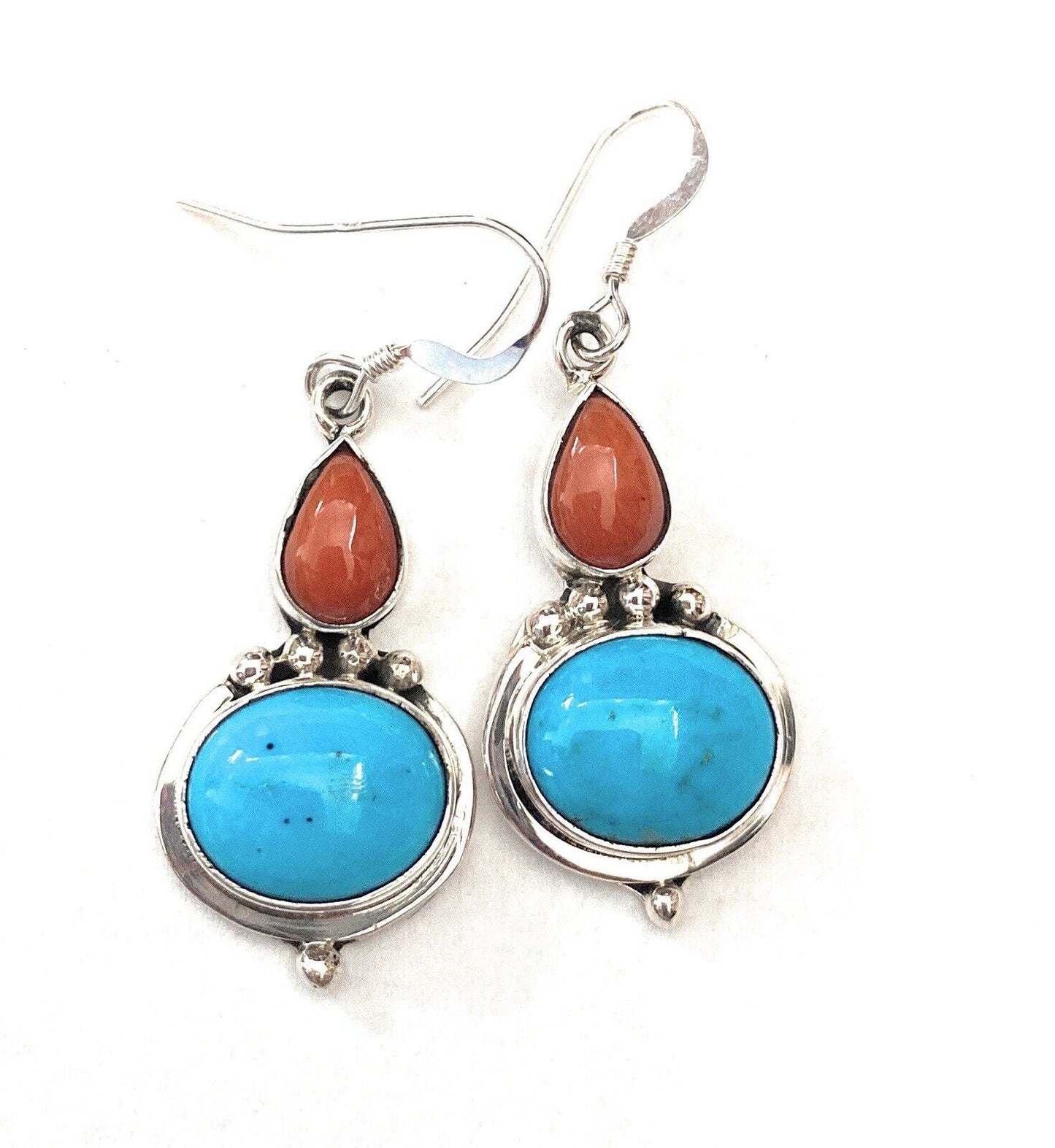 Navajo Turquoise, Coral & Sterling Silver Dangle Earrings