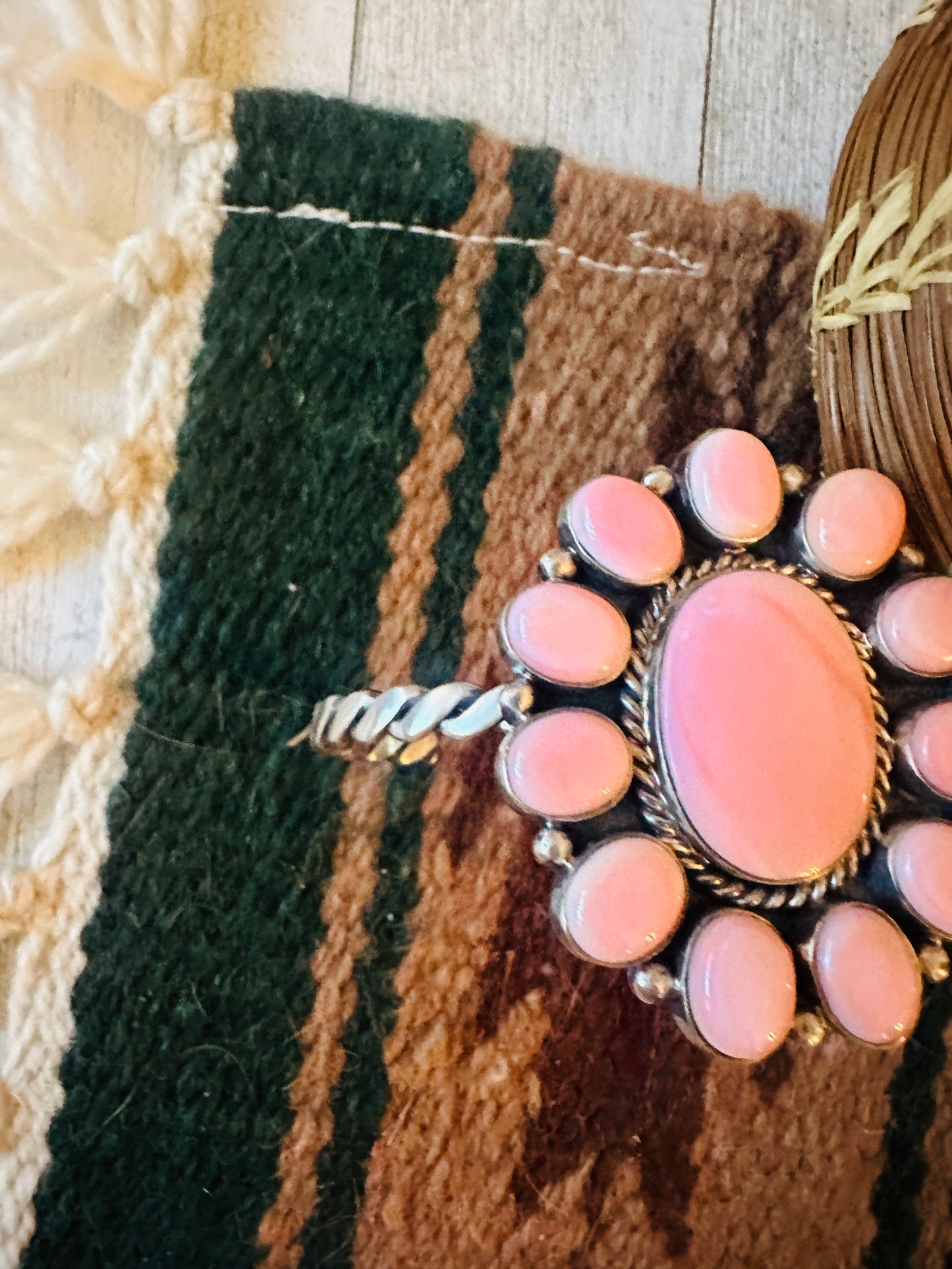 Navajo Queen Pink Conch Shell & Sterling Silver Cluster Cuff Bracelet