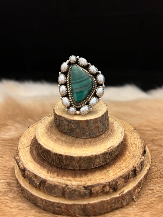 Sterling Silver Malachite and White Pearl Statement Ring