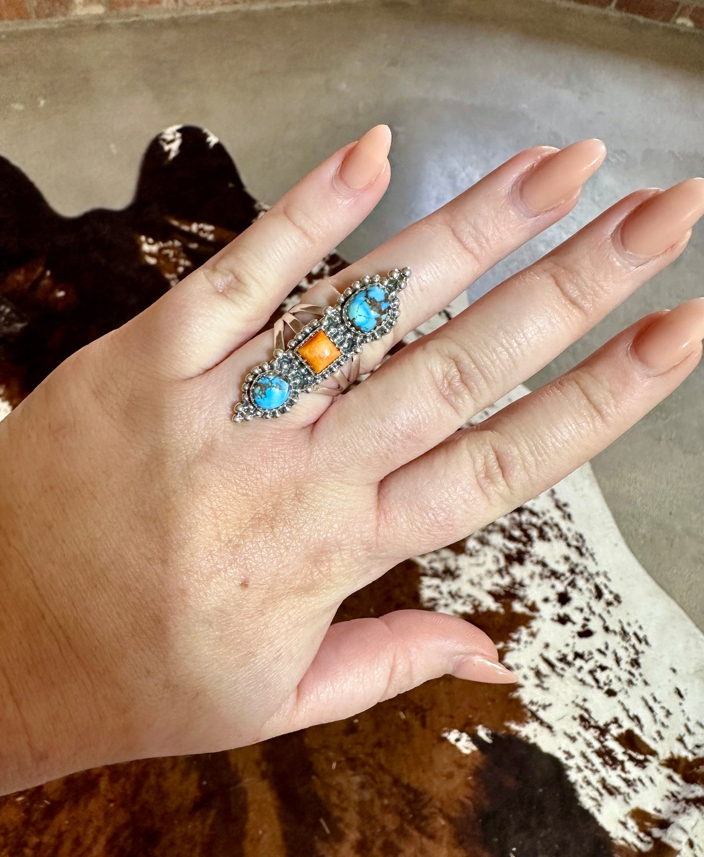 Nizhoni Handmade Golden Hills Turquoise, Orange Spiny & Sterling Silver 3 Stone Ring Size 7