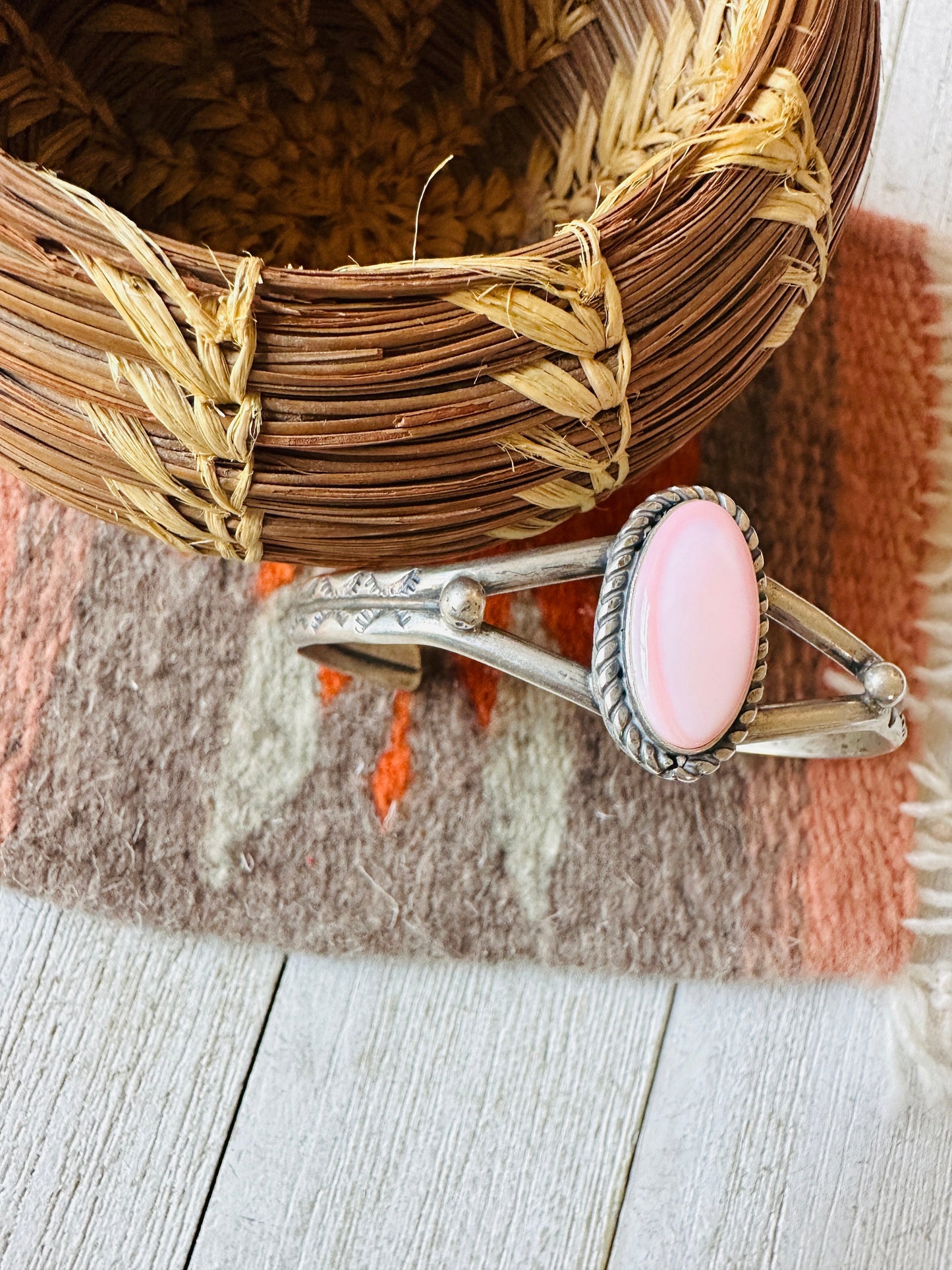 Navajo Queen Pink Conch Shell & Sterling Silver Cuff Bracelet