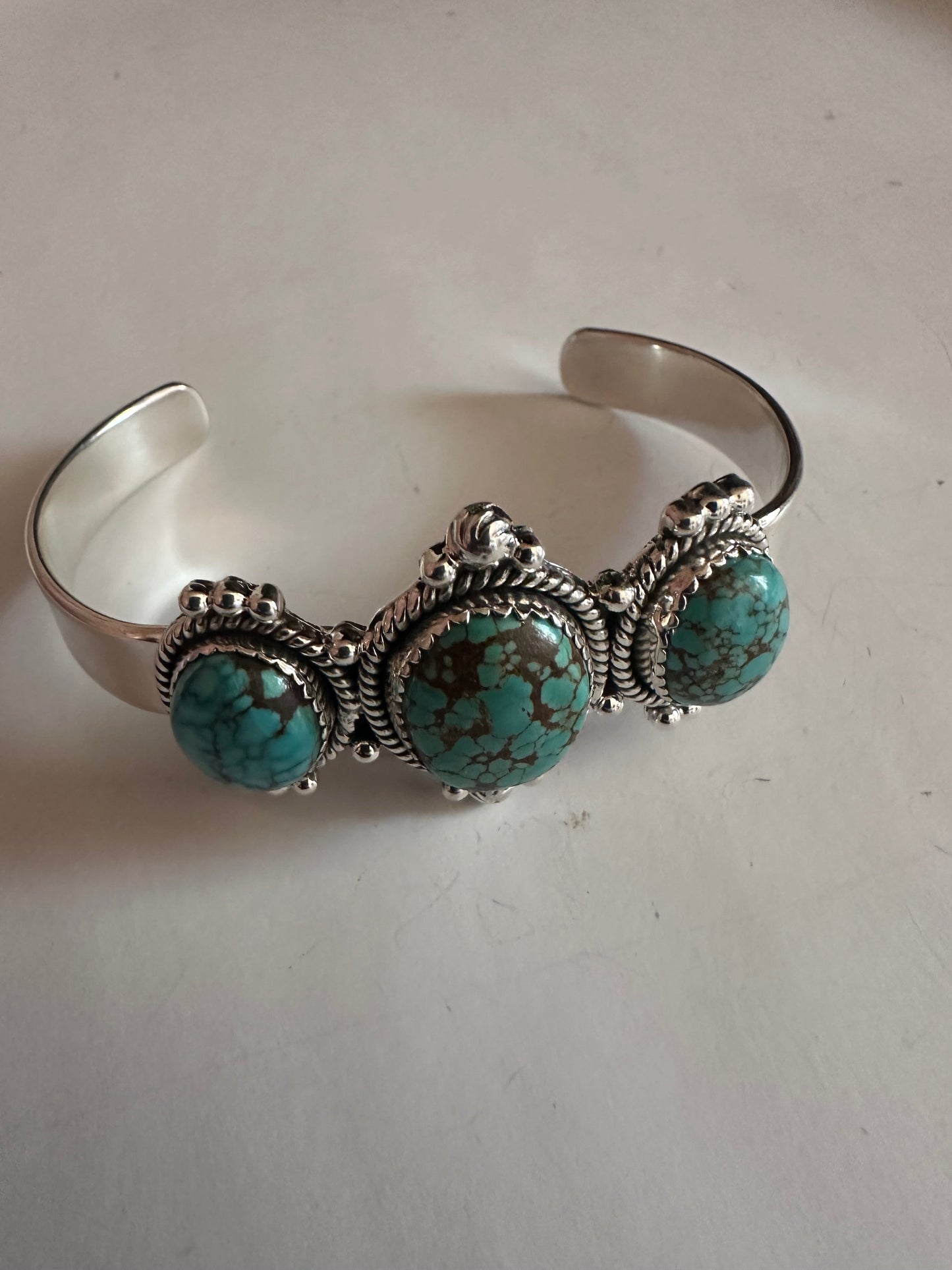 Handmade Sterling Silver & 3 Stone Number 8 Turquoise Adjustable Cuff Bracelet