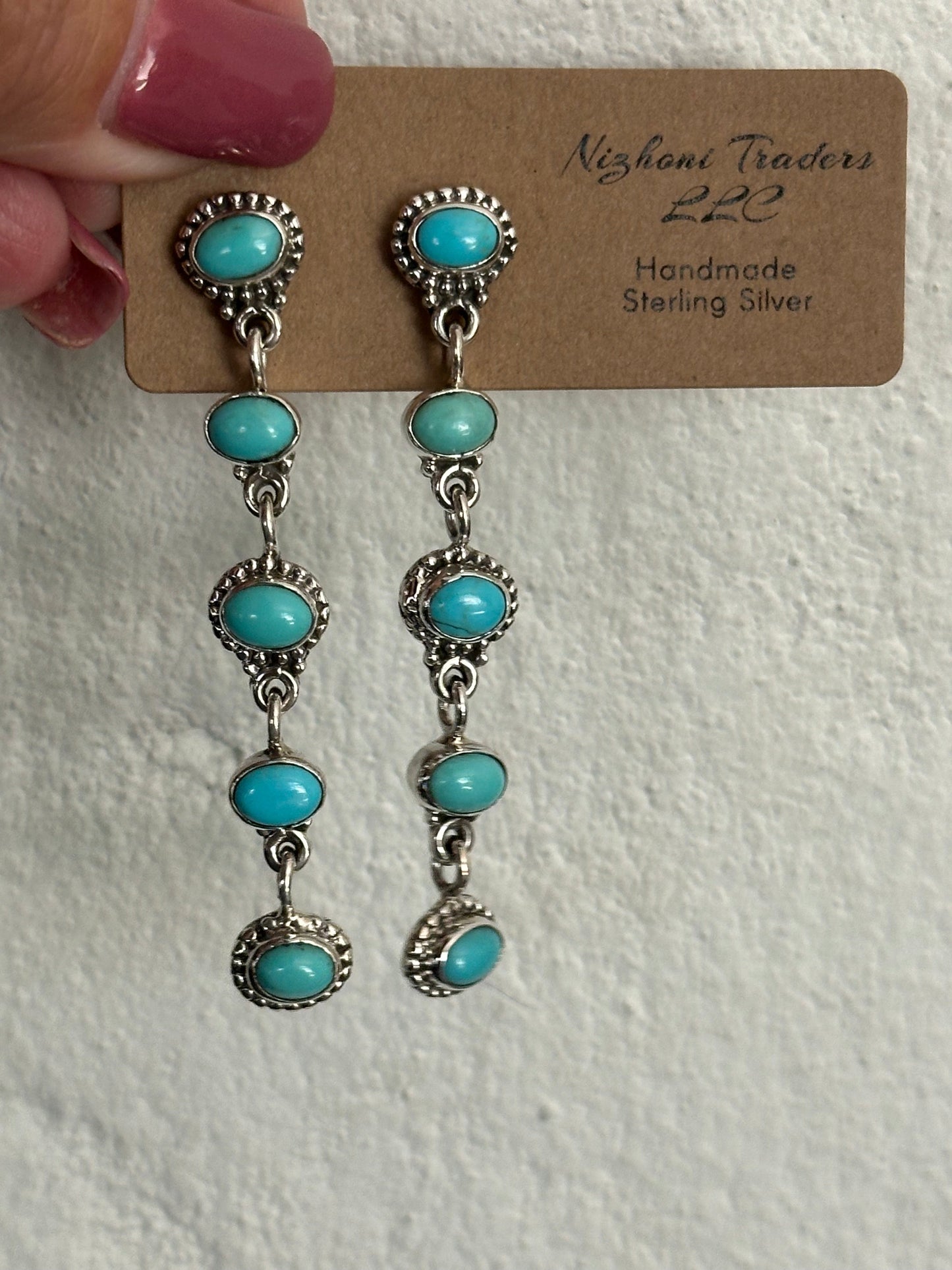 Handmade Kingman Turquoise And Sterling Silver 5 Stone Dangle Earrings