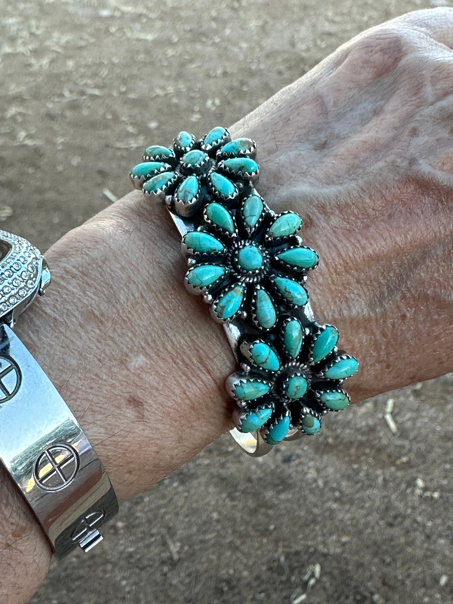 Handmade Sterling Silver & Royston Flower Turquoise Cluster Cuff Bracelet