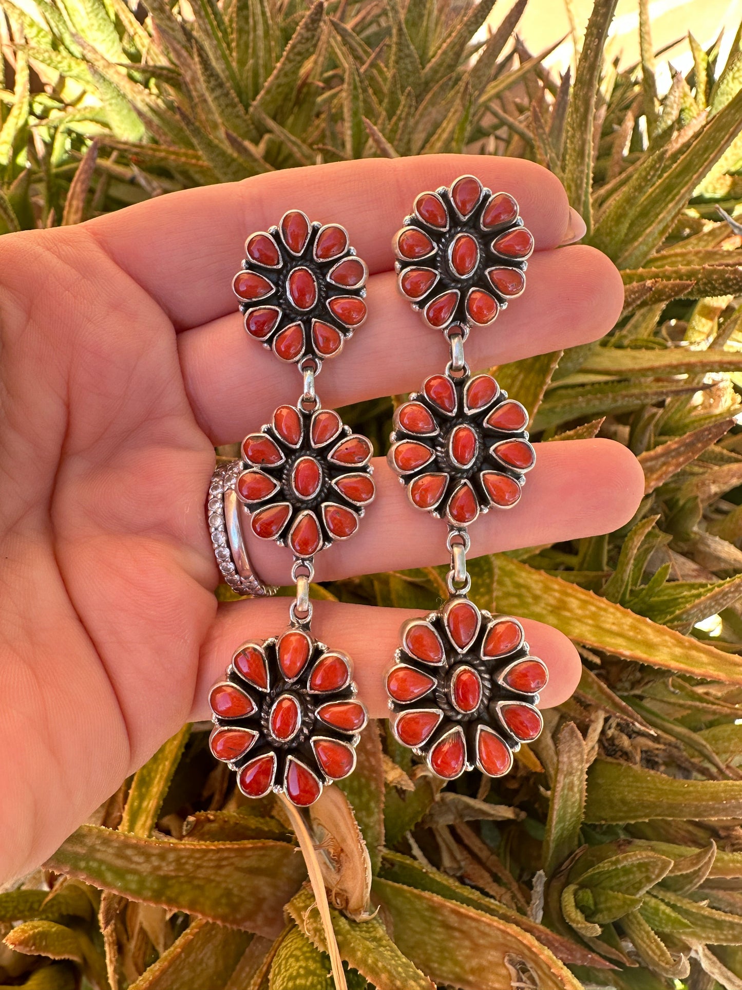 Handmade Sterling Silver & Coral Cluster Flower Post Dangle Earrings Signed Nizhoni