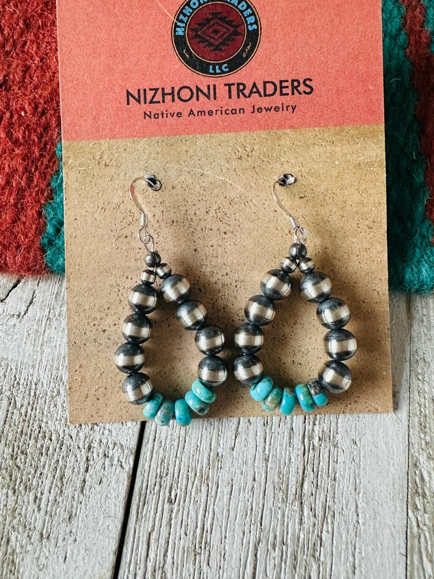 Navajo Turquoise & Sterling Silver Pearl Dangle Hoop Earrings