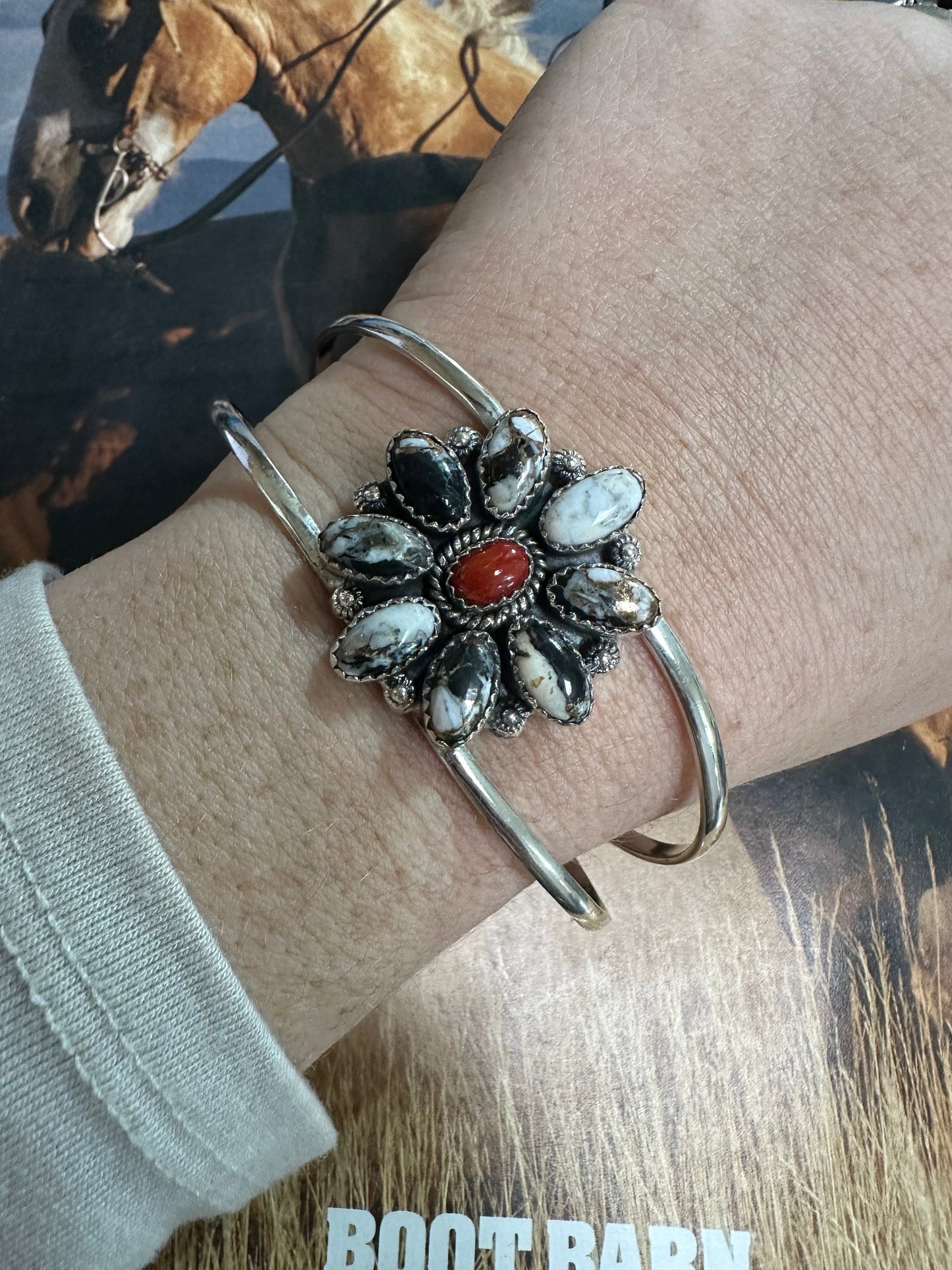 Handmade Sterling Silver, White Buffalo & Coral Adjustable Cuff Bracelet