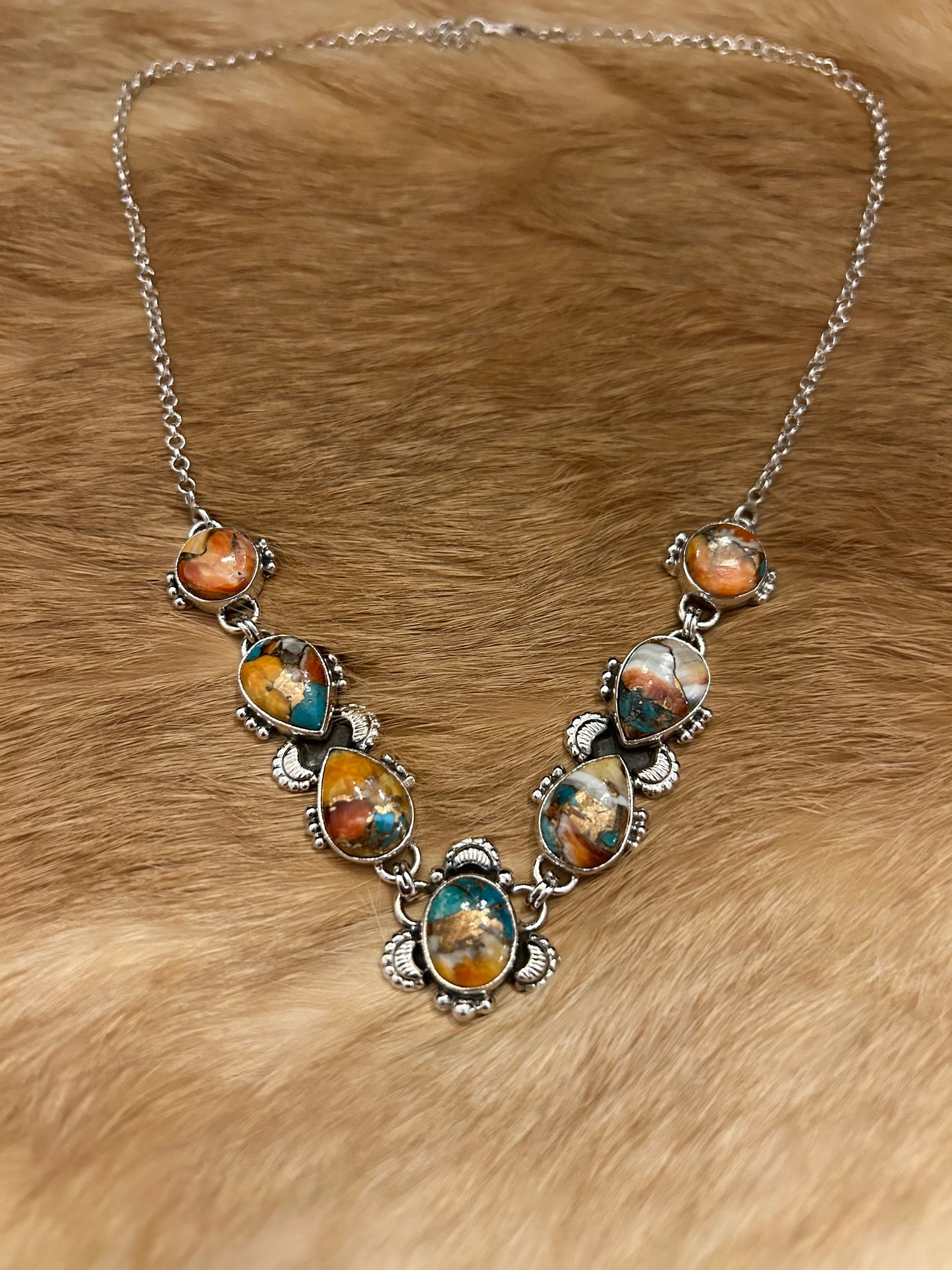 Sterling Silver Spiny Oyster and Turquoise Necklace