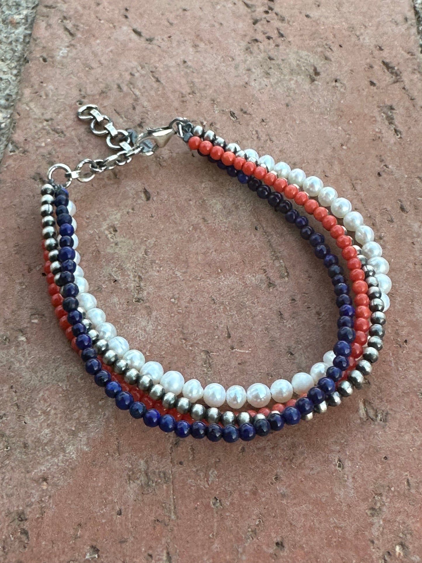 Handmade Sterling Silver, Pearl, Lapis and Coral Beaded Bracelet