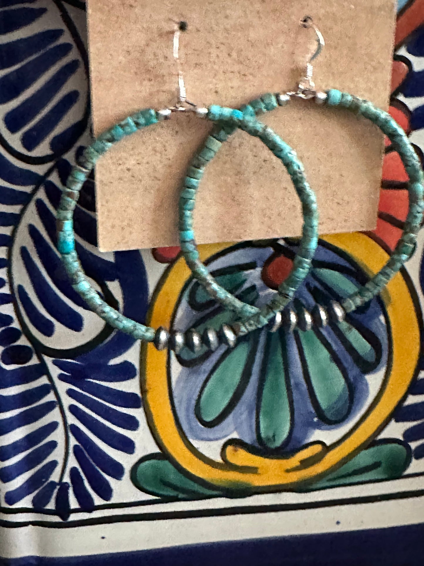 Navajo Sterling Silver and Royston Turquoise 2 inch Beaded Hoop Earrings