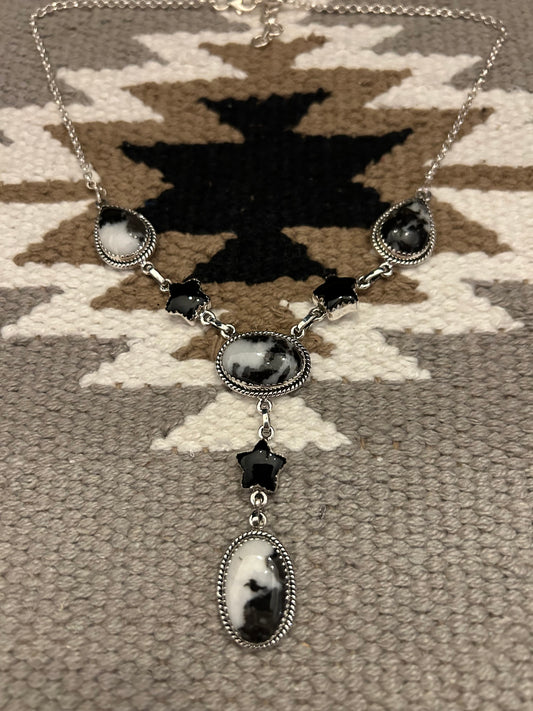 Sterling Silver Zebra Jasper and Onyx Star Necklace