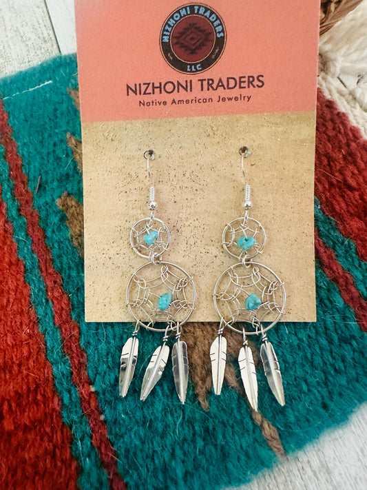 Navajo Sterling Silver & Turquoise Dream Catcher Dangle Earrings