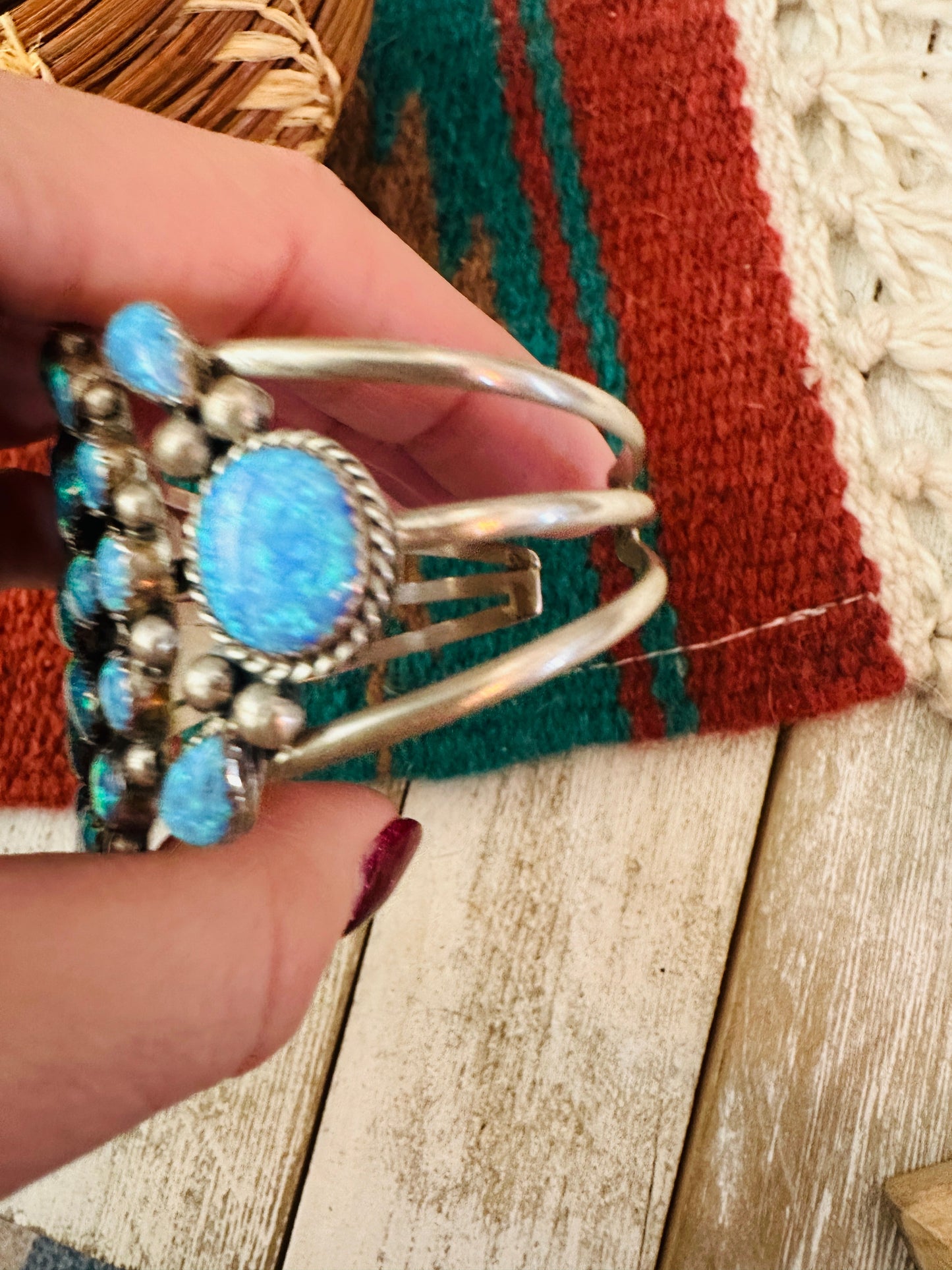 Navajo Blue Opal & Sterling Silver Cluster Bracelet Cuff