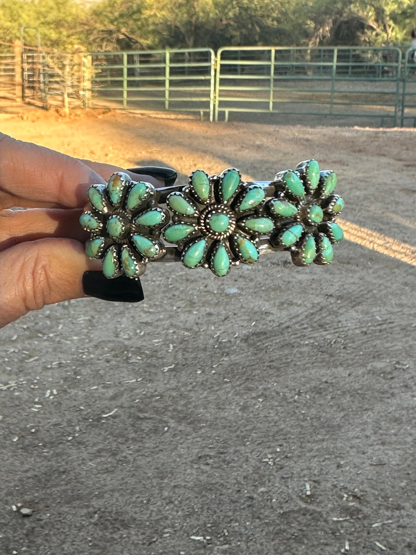 Handmade Sterling Silver & Royston Flower Turquoise Cluster Cuff Bracelet