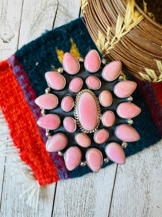 Navajo Queen Pink Conch Shell & Sterling Silver Cluster Cuff Bracelet