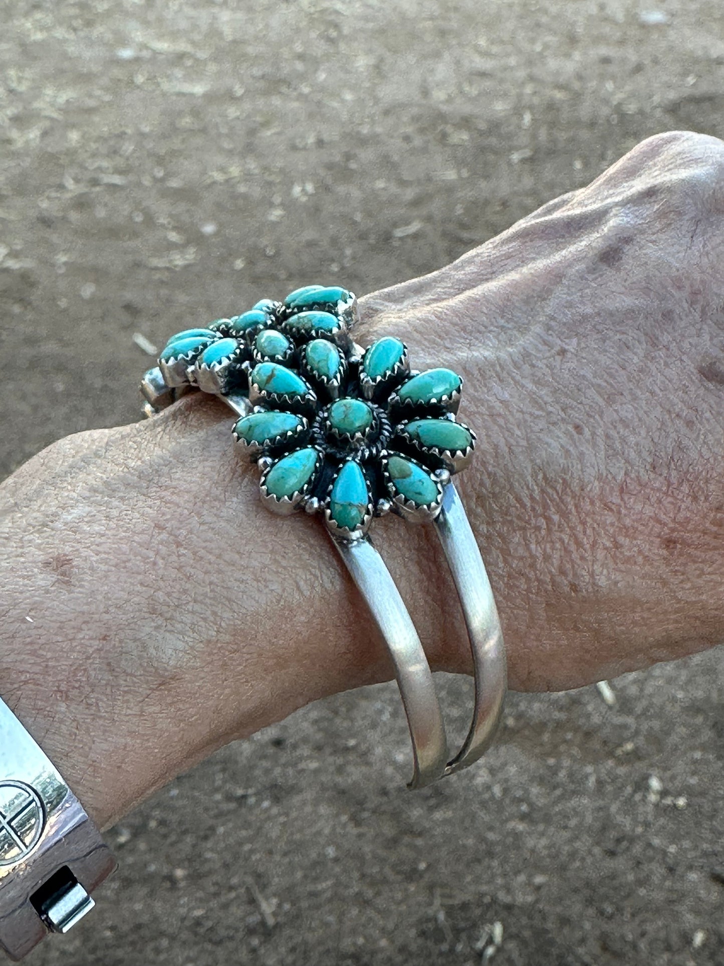 Handmade Sterling Silver & Royston Flower Turquoise Cluster Cuff Bracelet