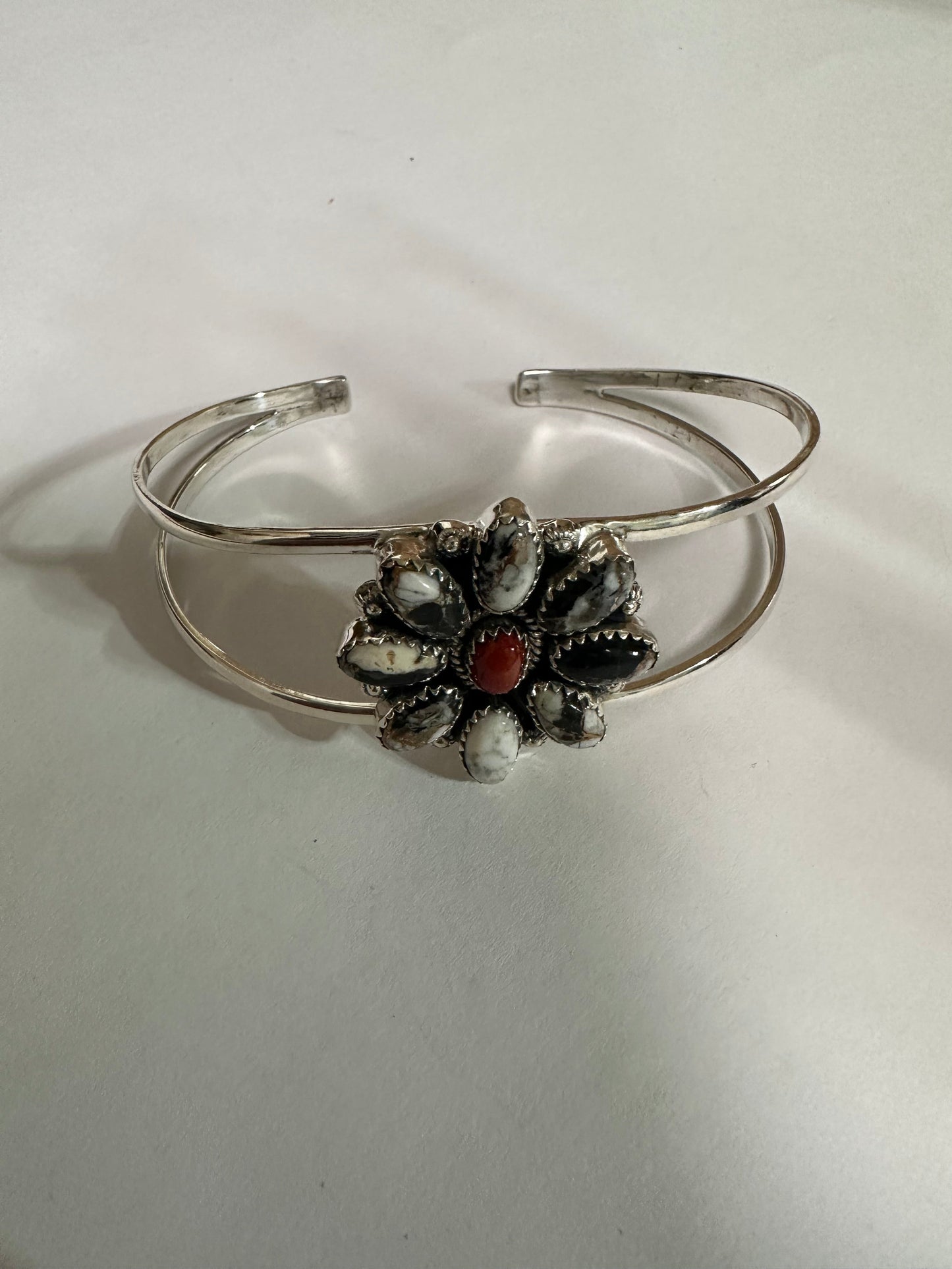 Handmade Sterling Silver, White Buffalo & Coral Adjustable Cuff Bracelet