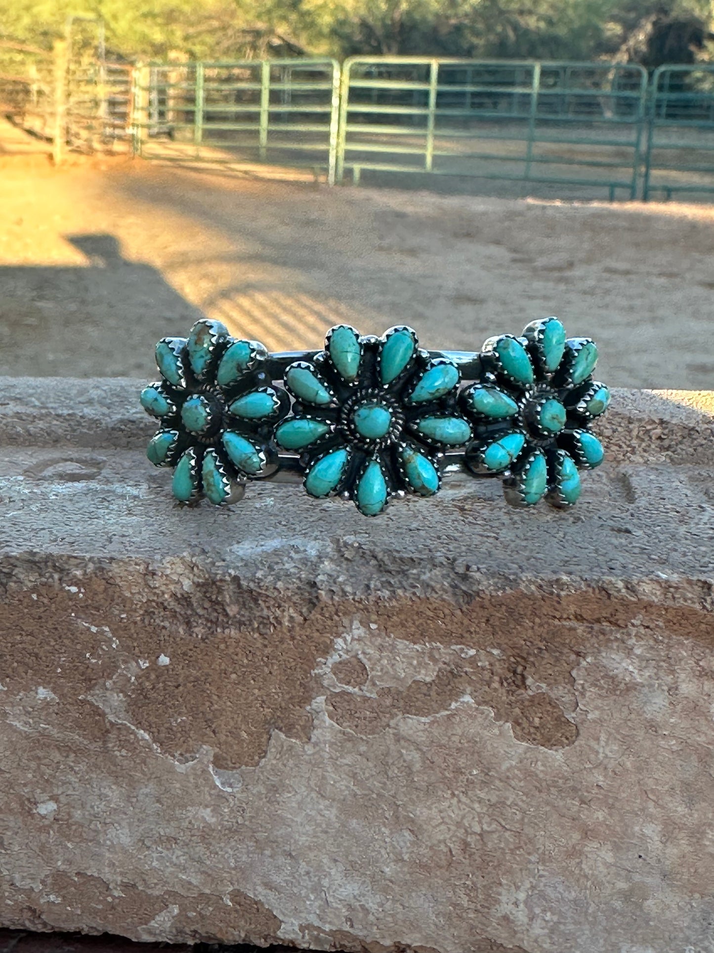 Handmade Sterling Silver & Royston Flower Turquoise Cluster Cuff Bracelet