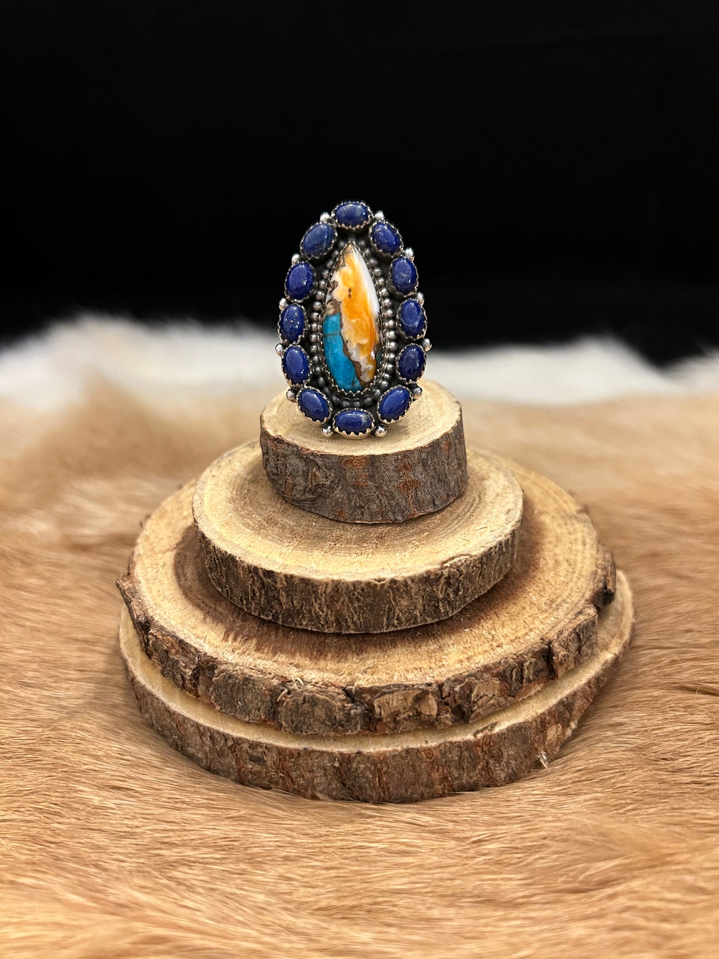 Sterling Silver Lapis and Spiny Oyster Statement Ring