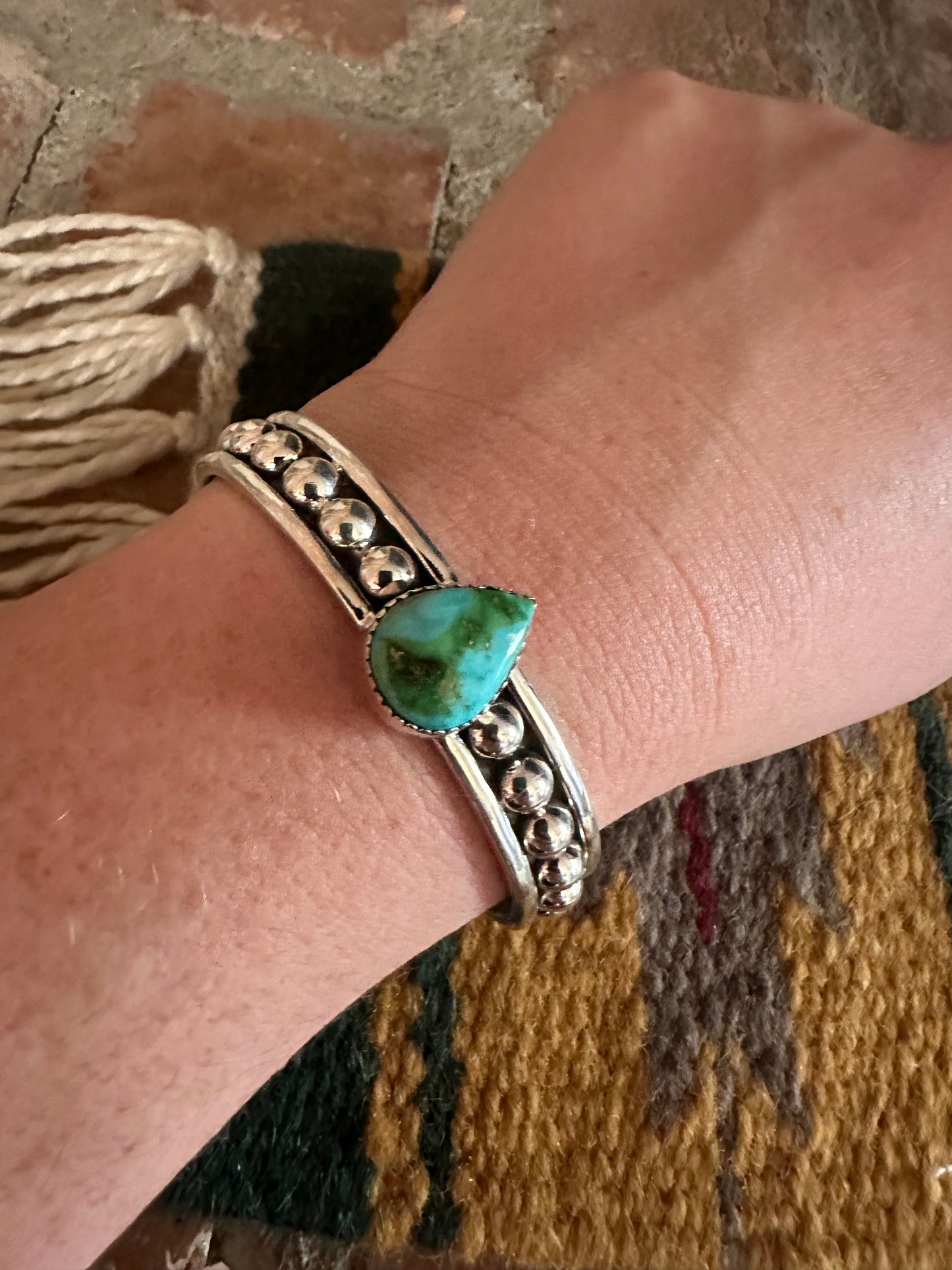 Handmade Sonoran Turquoise & Sterling Silver Single Stone Adjustable Cuff Bracelet