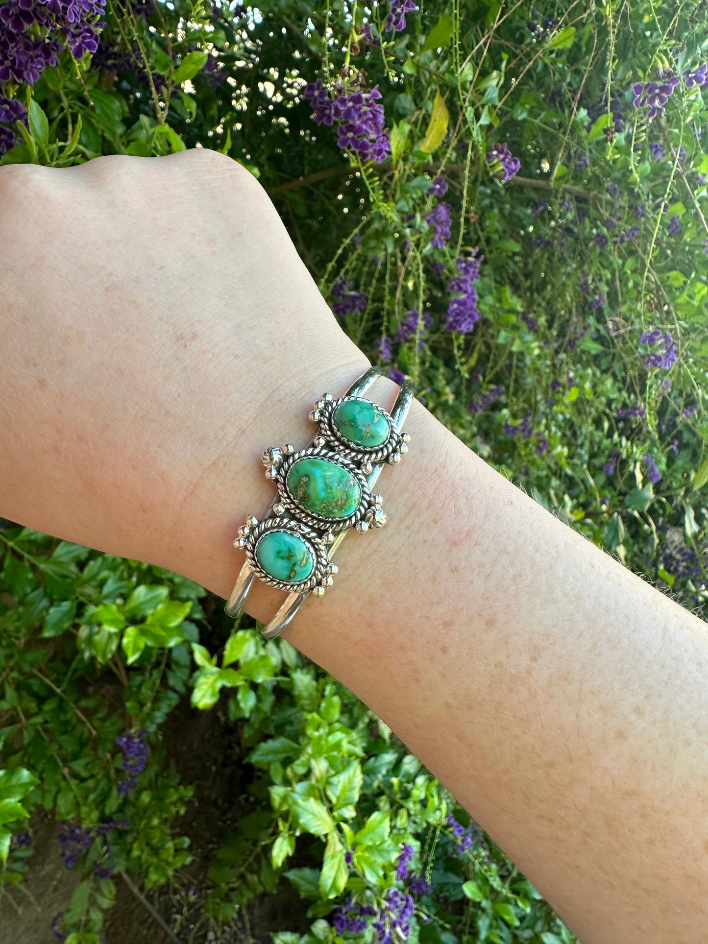 Handmade Sterling Silver & 3 Stone Sonoran Turquoise Adjustable Cuff Bracelet