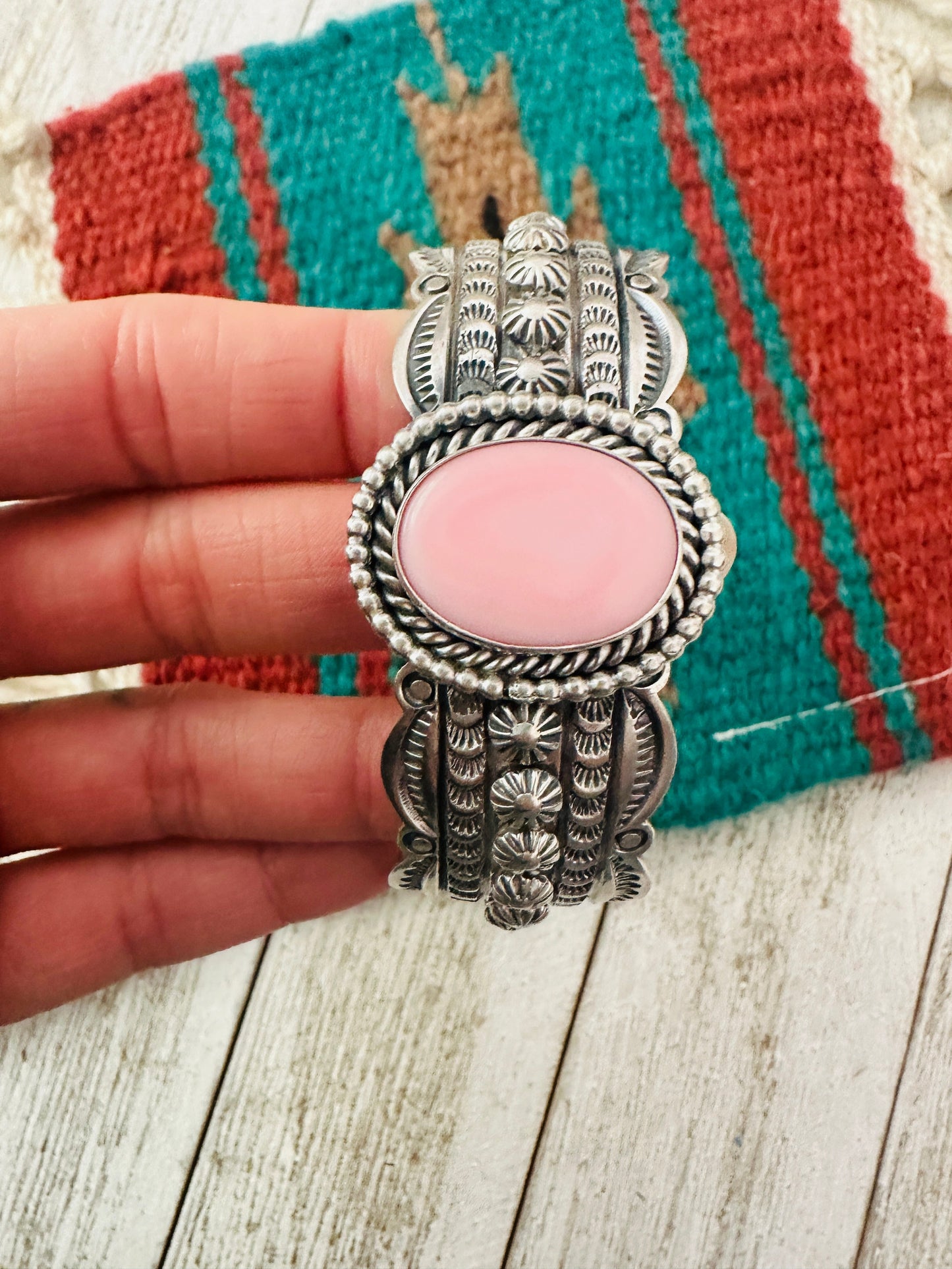 Navajo Queen Pink Conch & Sterling Silver Cuff Bracelet