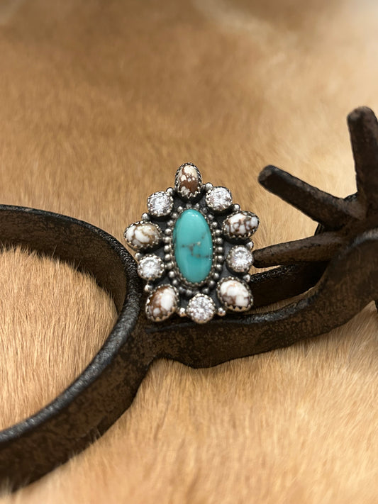 Sterling Silver Turquoise and White Buffalo Halo Ring