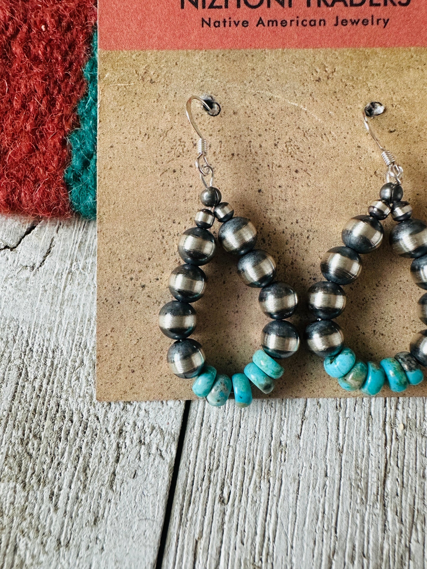 Navajo Turquoise & Sterling Silver Pearl Dangle Hoop Earrings