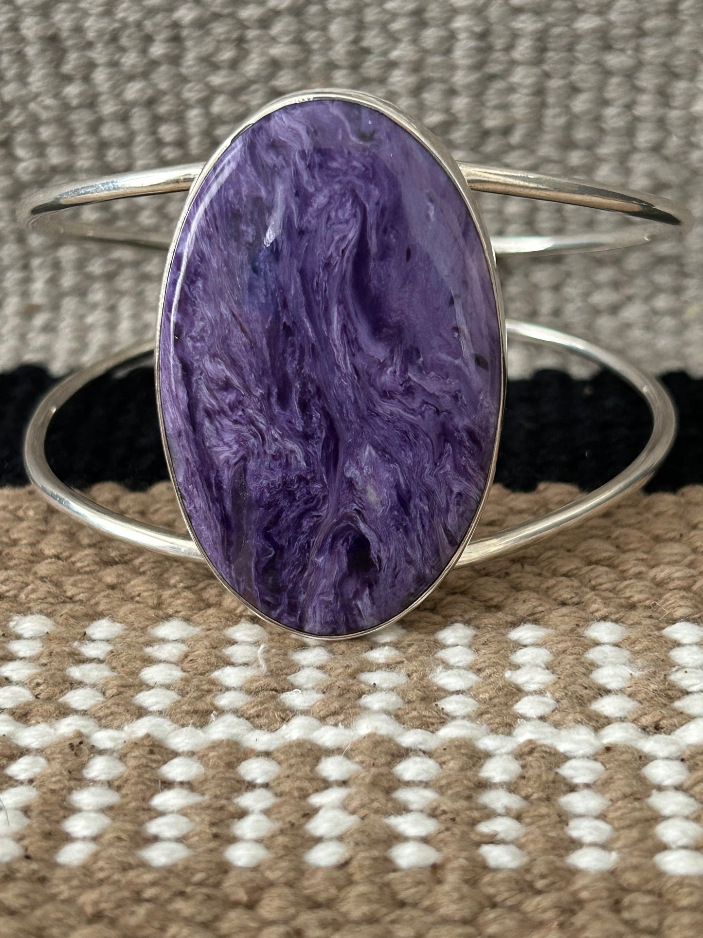 Large Oval Charoite Sterling Silver Cuff Bracelet