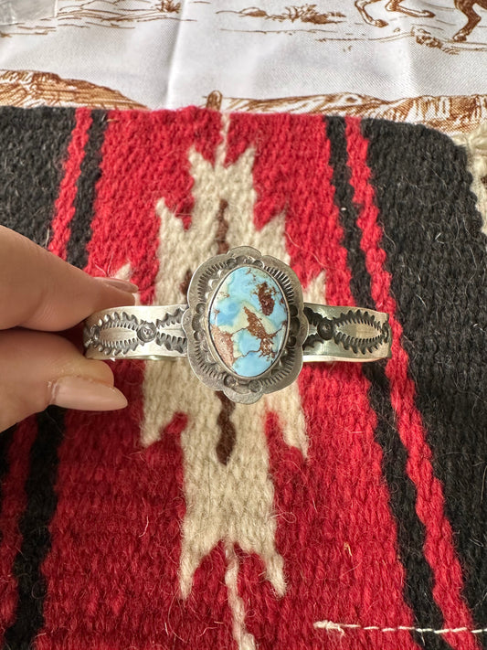 Navajo Golden Hill Turquoise & Sterling Silver Cuff Bracelet Signed