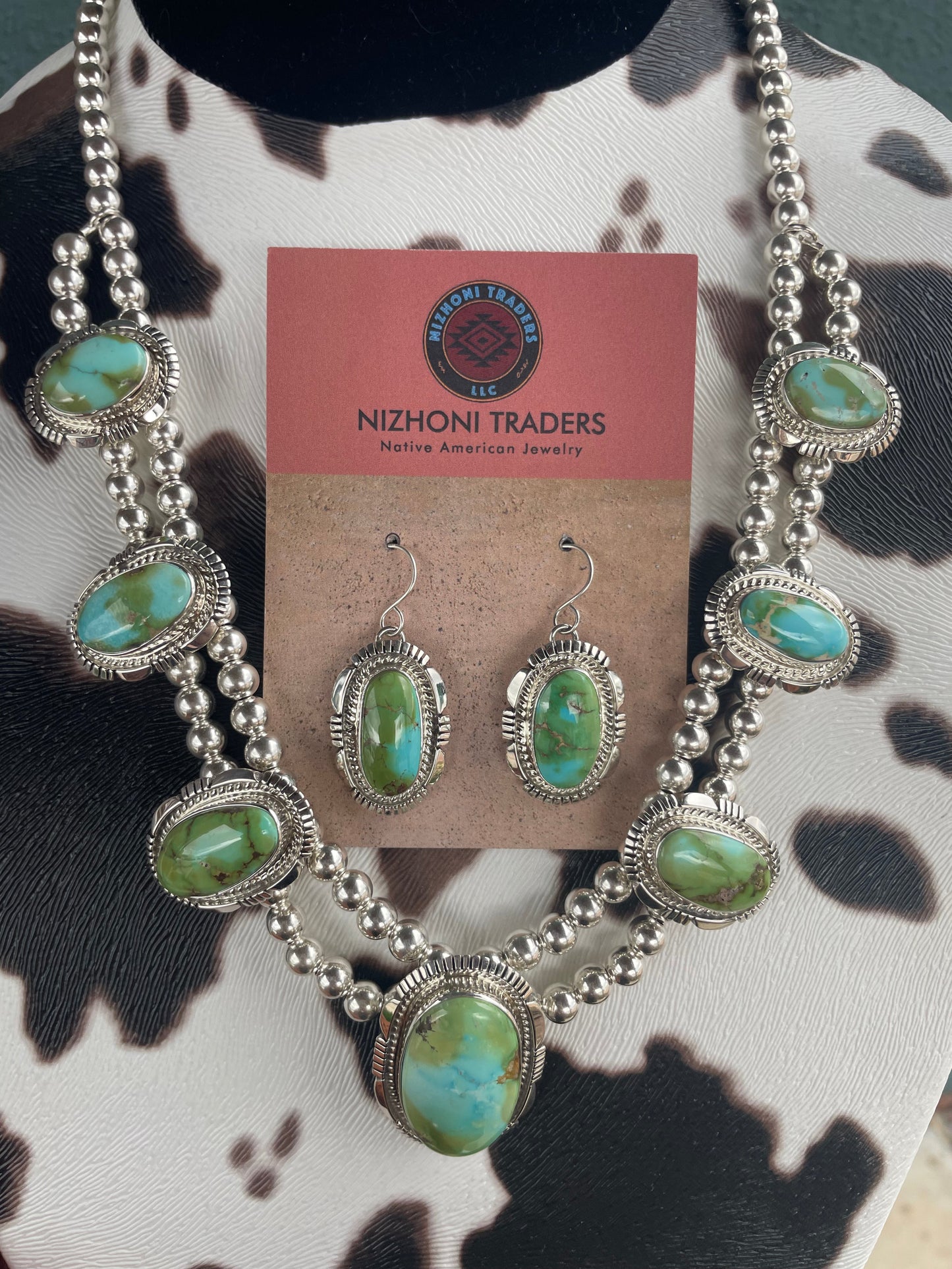 Beautiful Navajo Sterling Silver Sonoran Mountain Turquoise Necklace & Earring Set